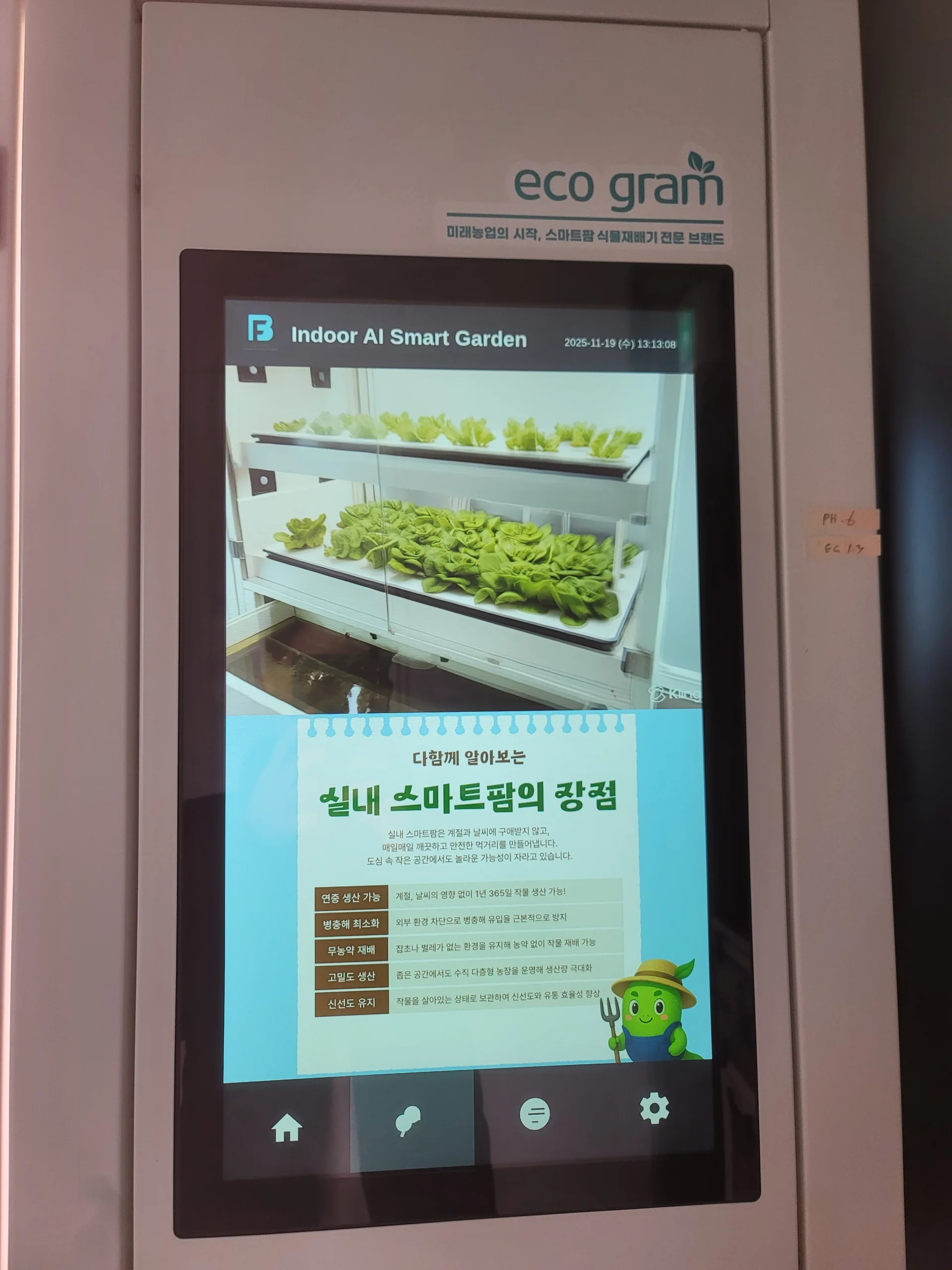 재배환경 변수가 관리되는 실내수직농장 재배 선반 전경 사진